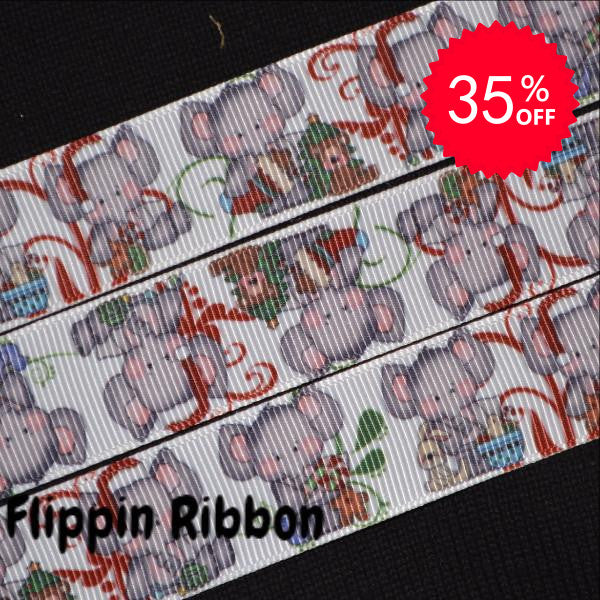 Christmas Elephant Ribbon - 7/8 inch Printed Grosgrain