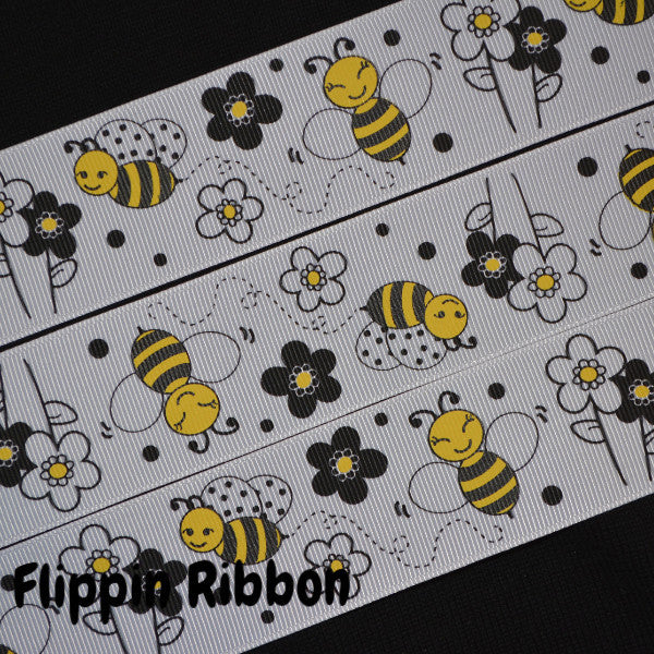 Flowers and Bumble Bee Ribbon - 1 1/2 inch Printed Grosgrain