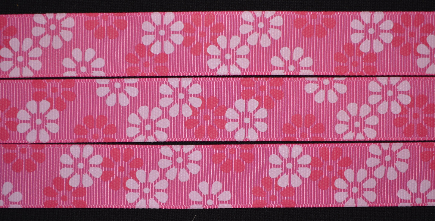 Hot Pink Floral Ribbon - 7/8 inch Printed Grosgrain