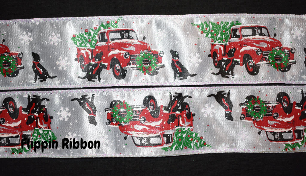 Red Truck Christmas Ribbon with Labrador - Flippin Ribbon