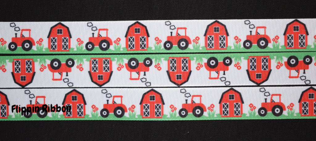 Red Tractor and Barn Grosgrain Ribbon - Flippin Ribbon