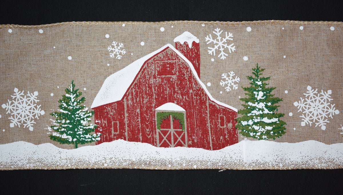 Barn Ribbon Snowy Barn Ribbon - 5 inch Printed Wired Ribbon – Flippin Ribbon Crafts