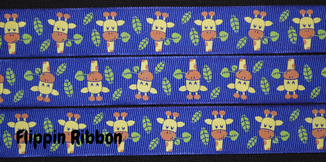 Blue Giraffe Ribbon - 7/8 inch Printed Grosgrain Ribbon – Flippin ...