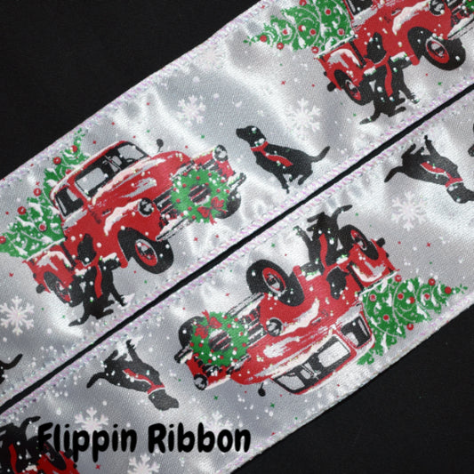 Red Truck Christmas Ribbon with Labrador - Flippin Ribbon
