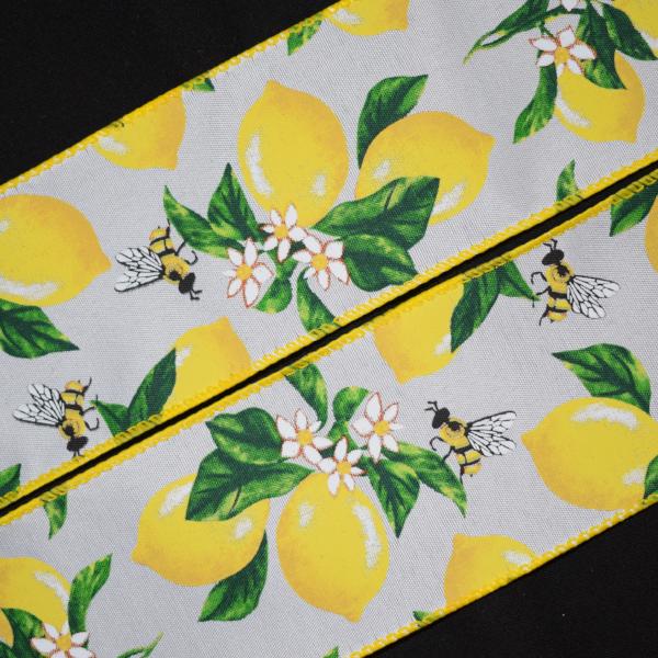 Lemons and Bees Ribbon - 2 1/2 inch Polyester Wired Ribbon