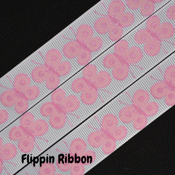 Pink Sparkle Butterfly Ribbon - 7/8 inch Printed Grosgrain Ribbon ...