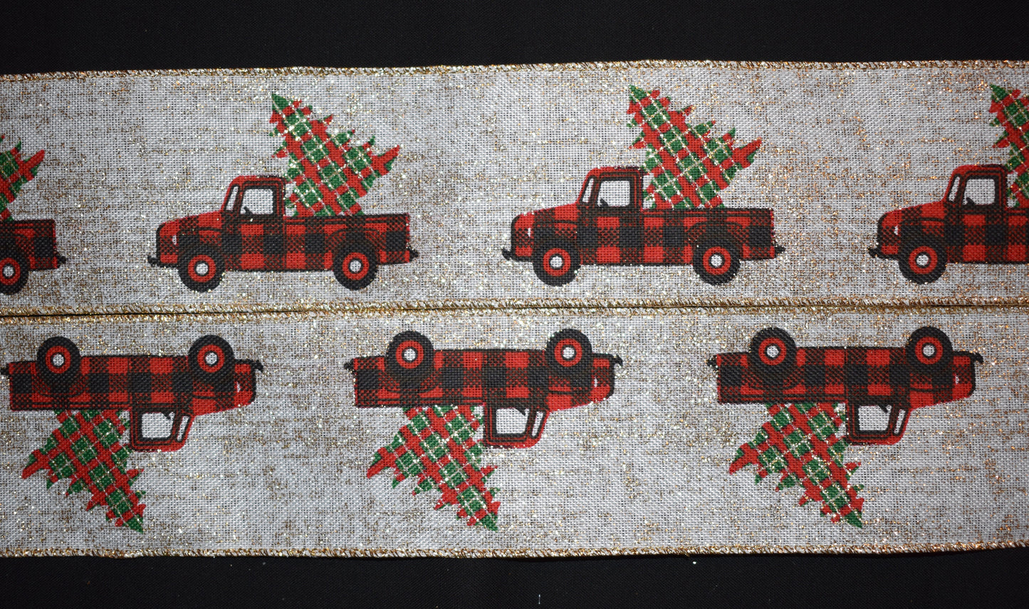 Red Plaid Truck Christmas Ribbon - Flippin Ribbon