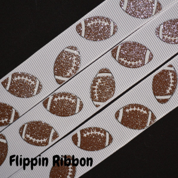 White Glitter Football Ribbon - 7/8 inch Printed Grosgrain Ribbon ...