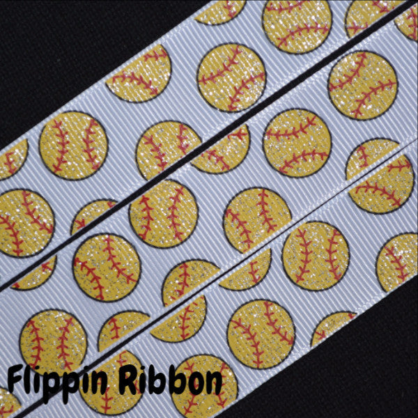 White Sparkle Softball Ribbon - 7/8 inch Printed Grosgrain Ribbon ...