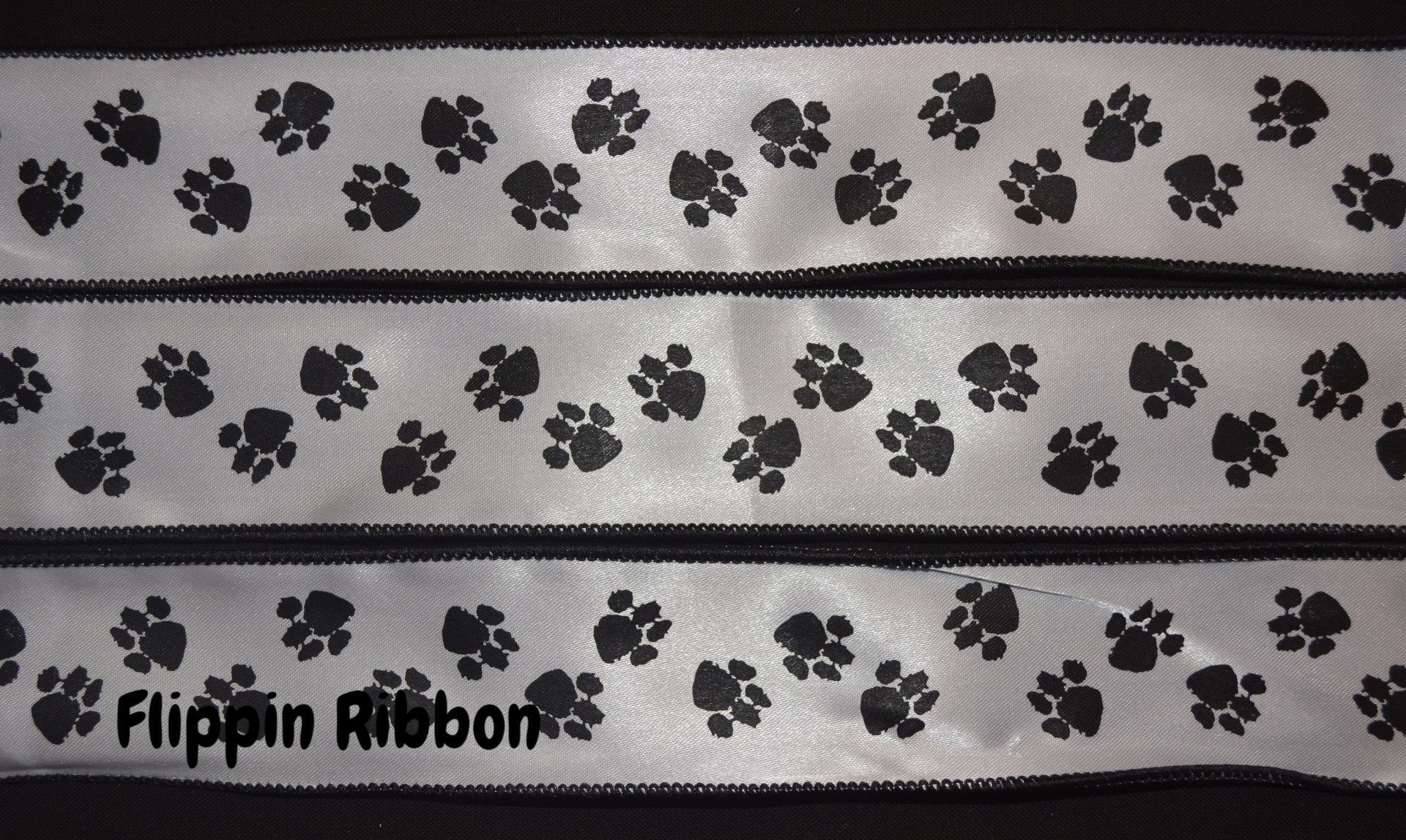 10 Yards - 4” Wired Red and Black Satin Paw Print Dog Ribbon